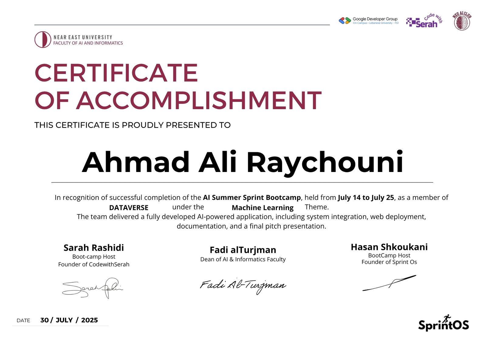 AI Summer Sprint — Machine Learning / DATAVERSE certificate