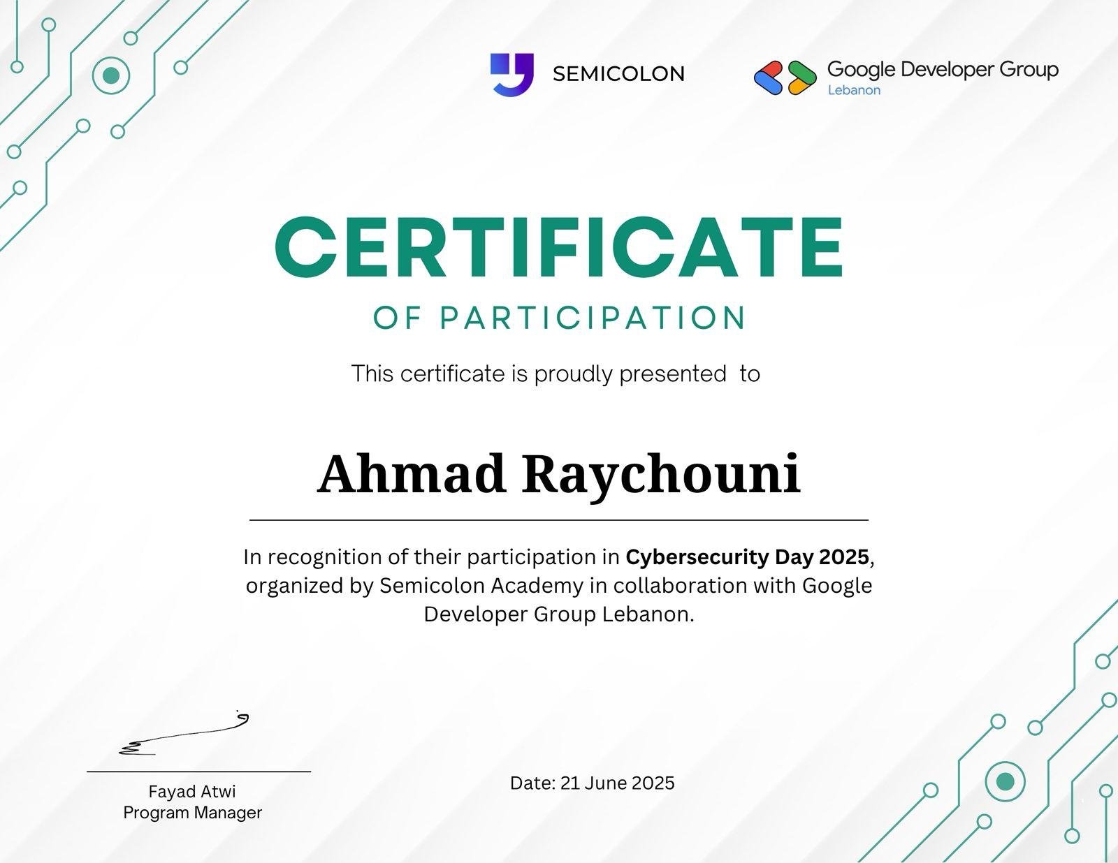 Cybersecurity Day 2025 certificate