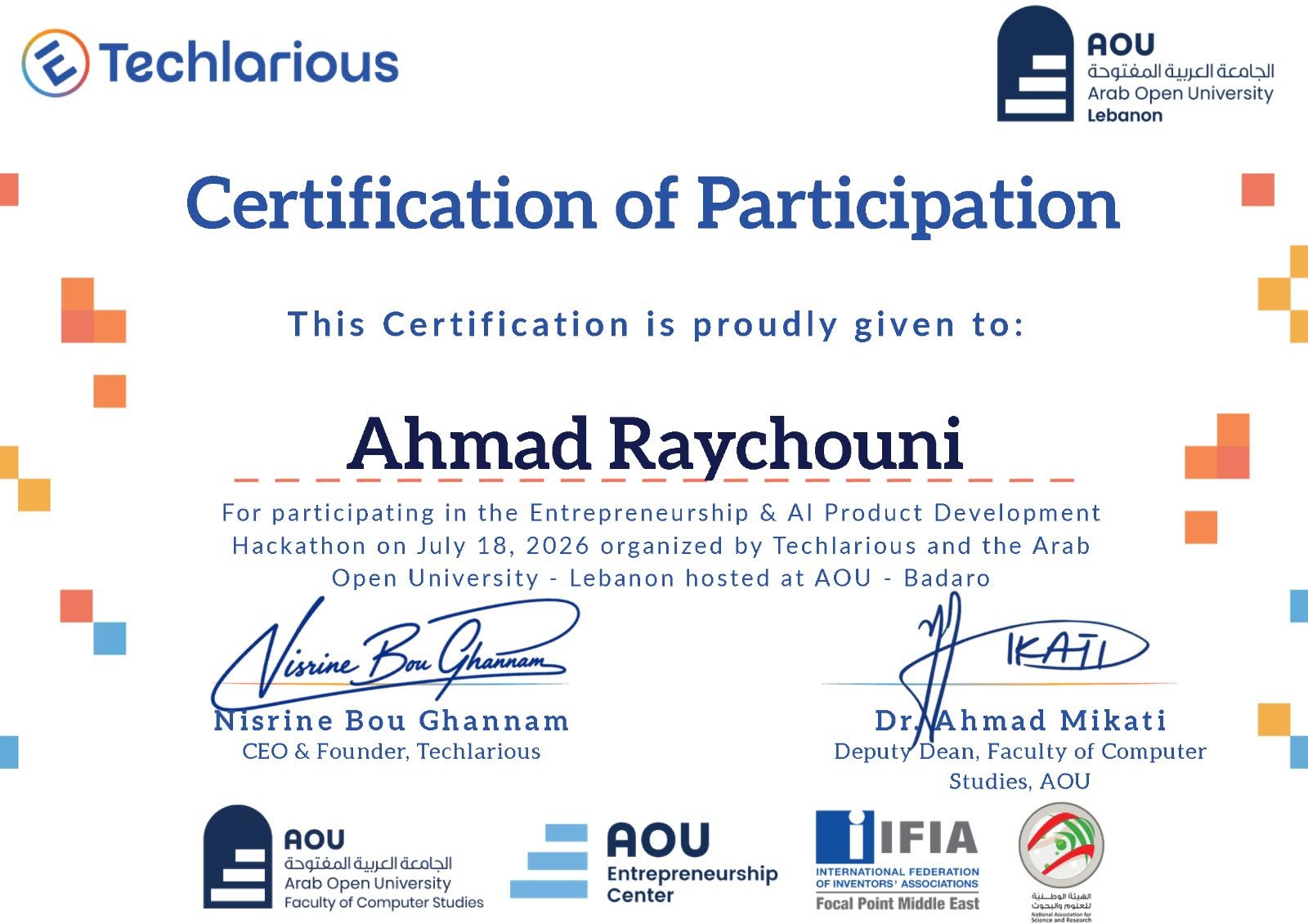 Entrepreneurship & AI Product Development Hackathon certificate