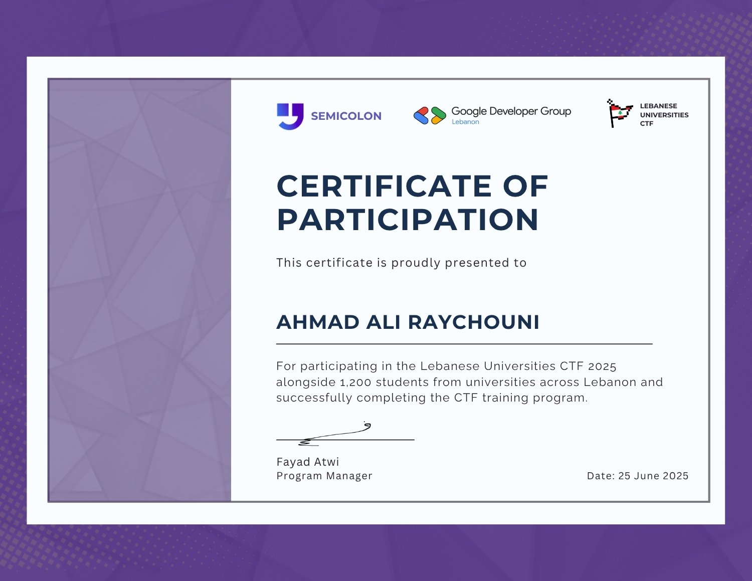 Lebanese Universities CTF 2025 certificate