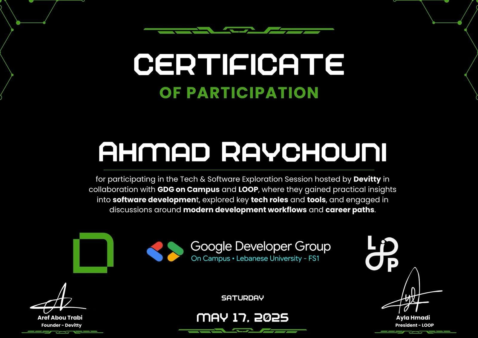Tech & Software Exploration Session certificate